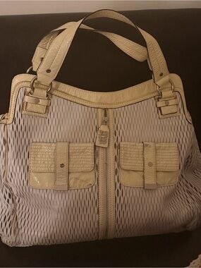 Cream Patterned Hobo Handbag with Gloss Trim